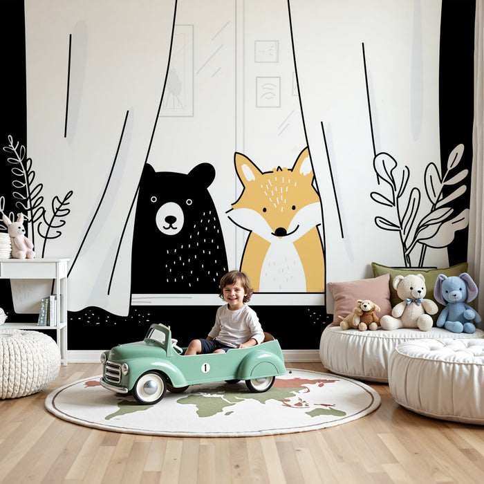 Papier peint chambre enfant | Ours et renard à la fenêtre
