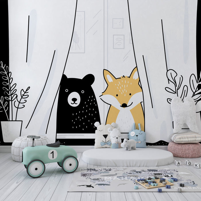 Papier peint chambre enfant | Ours et renard à la fenêtre
