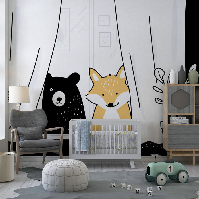 Papier peint chambre enfant | Ours et renard à la fenêtre