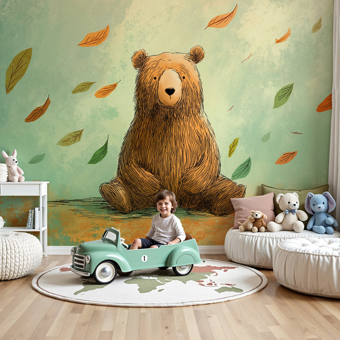 Papel pintado infantil | Oso lindo y hojas caídas