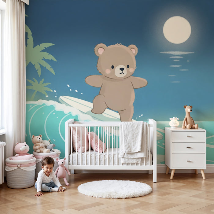 Papier peint chambre enfant | Ours surfeur sous la lune