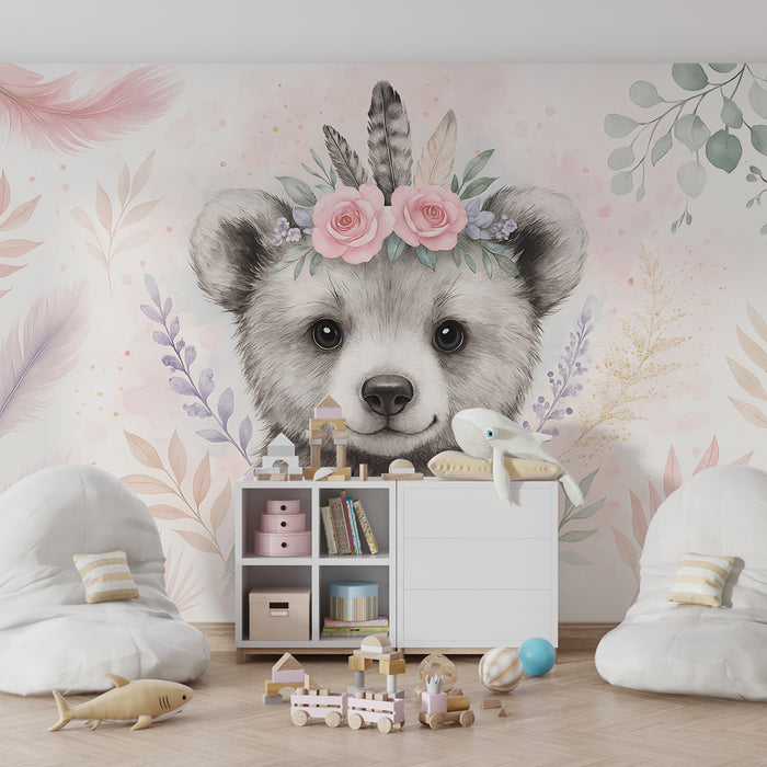 Kids room wallpaper | Delicate bear with flower crown