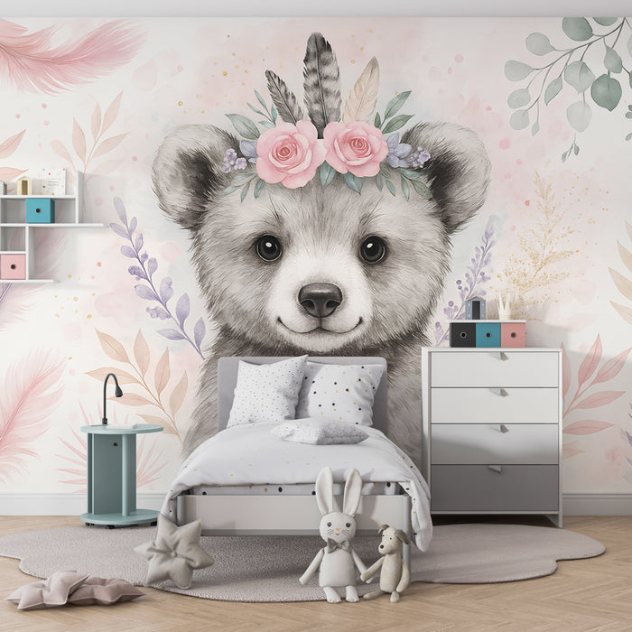 Kids room wallpaper | Delicate bear with flower crown