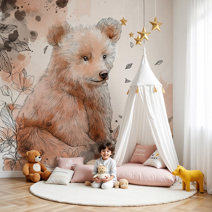 Papel de parede criança | Urso e flores delicadas
