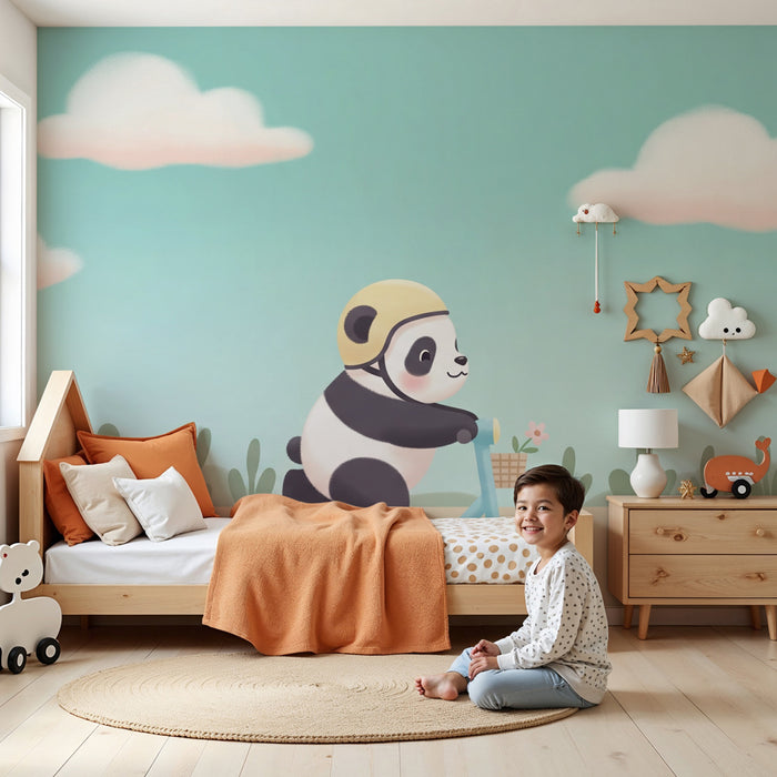 Tapety dla dzieci | Panda na hulajnodze w pełnej przygody