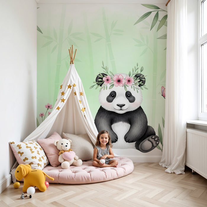 Papier de parede za otroško sobo | Očarljiv panda obkrožen z bambusom in cvetjem