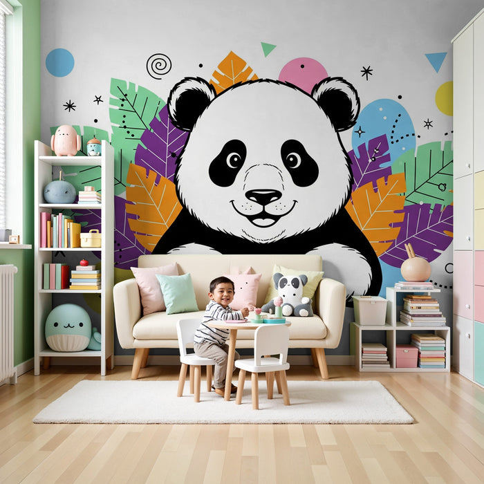 Papier peint chambre enfant | Panda amusant au milieu de feuilles colorées
