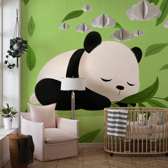 Gyerekszoba tapéta | Ölelő panda és zöld levelek
