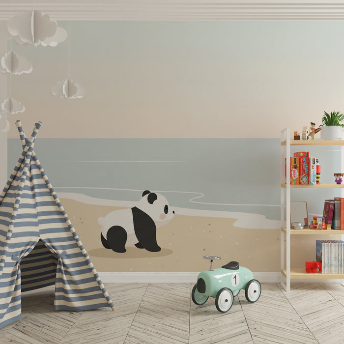 Kinderzimmer Tapete | Neugieriger Panda am Strand