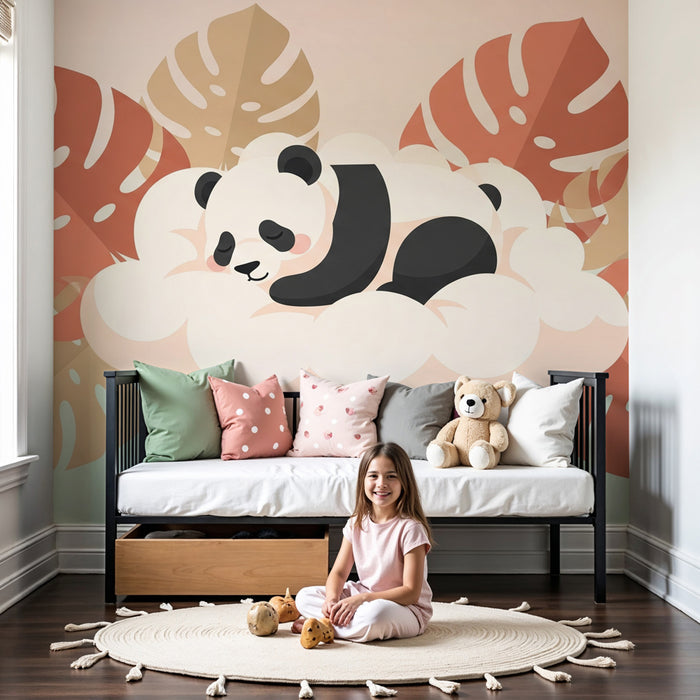 Papel de parede criança | Panda dormindo em uma nuvem em um fundo degradê