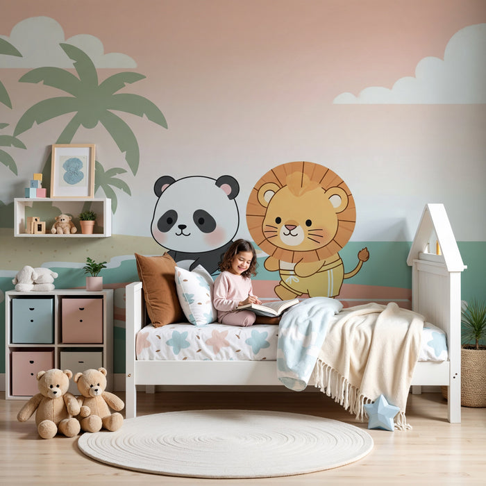 Papier peint chambre enfant | Panda et lion sur une planche de surf
