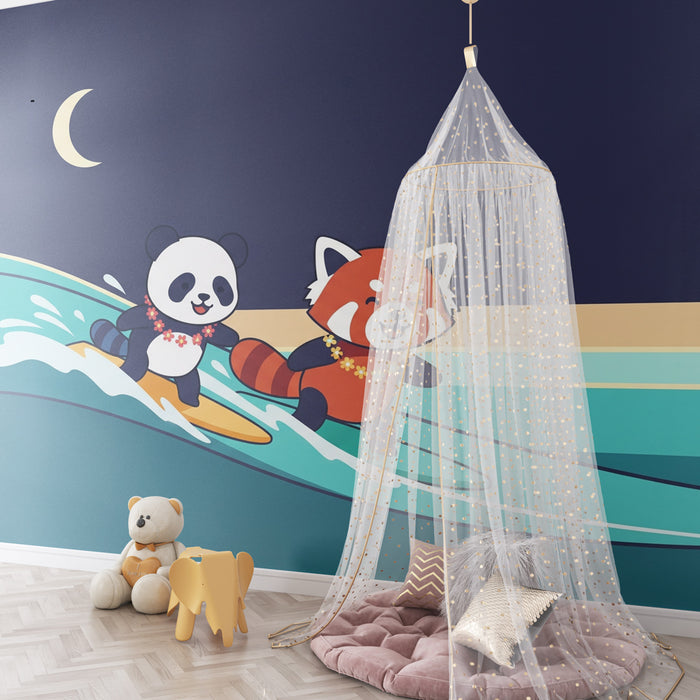 Kids room wallpaper | Panda and red panda on the waves