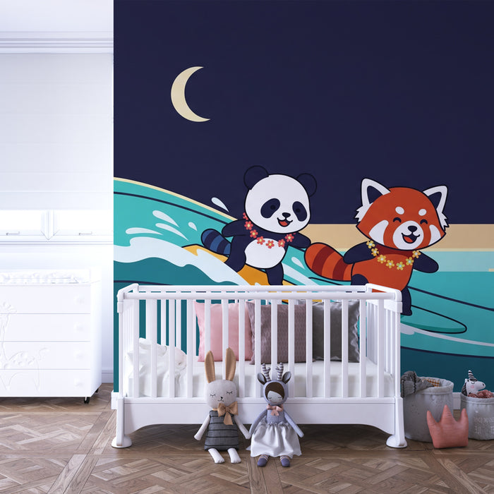 Kids room wallpaper | Panda and red panda on the waves