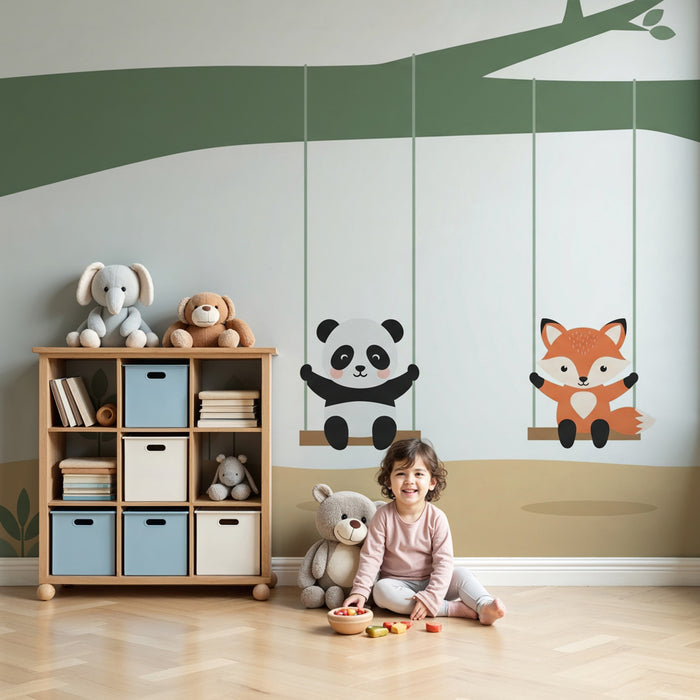 Papier peint chambre enfant | Panda et renard sur balançoires