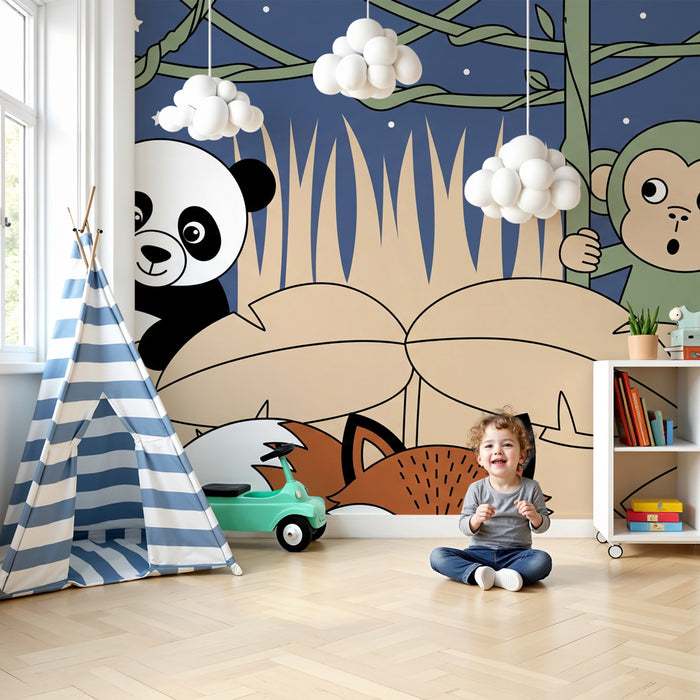 Dětská tapeta | Panda a opice v noční džungli