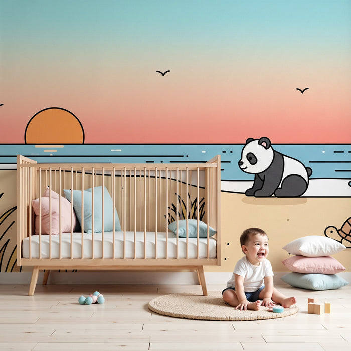 Kinderzimmer Tapete | Panda und Schildkröte am Strand