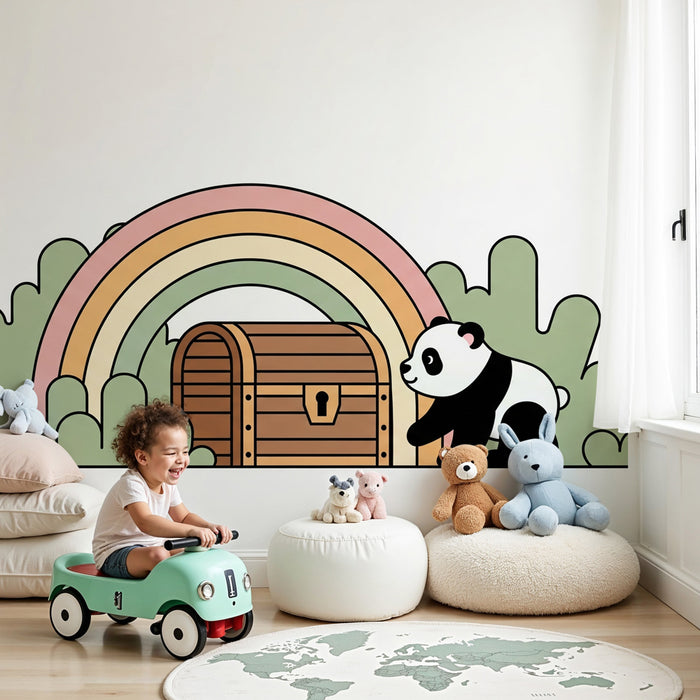 Papier peint chambre enfant | Panda et trésor sous l'arc-en-ciel