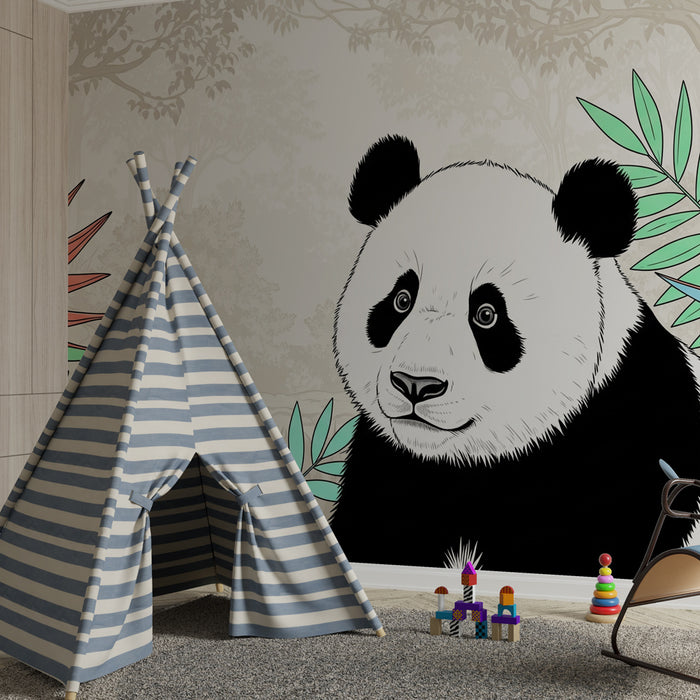 Carta da parati bambini | Panda giocatore in mezzo alla giungla