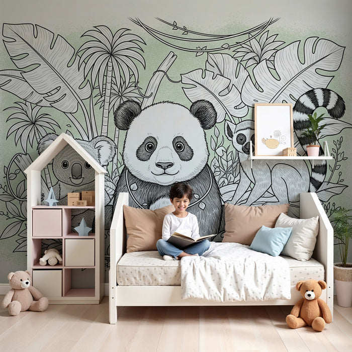 Papier peint chambre enfant | Panda, koala et lémurien dans la jungle