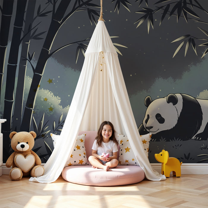 Papel pintado infantil | Panda tranquilo en el bosque de bambúes