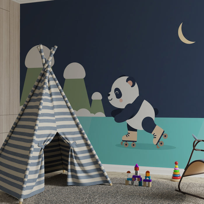 Kids room wallpaper | Panda patinant sous les étoiles