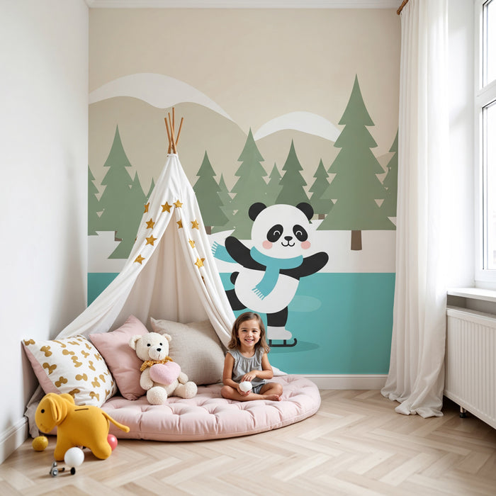 Papier peint chambre enfant | Panda patineur sur lac gelé