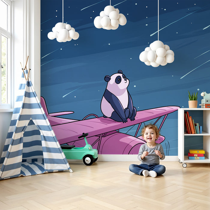 Kinderzimmer Tapete | Panda Pilot unter den Sternen