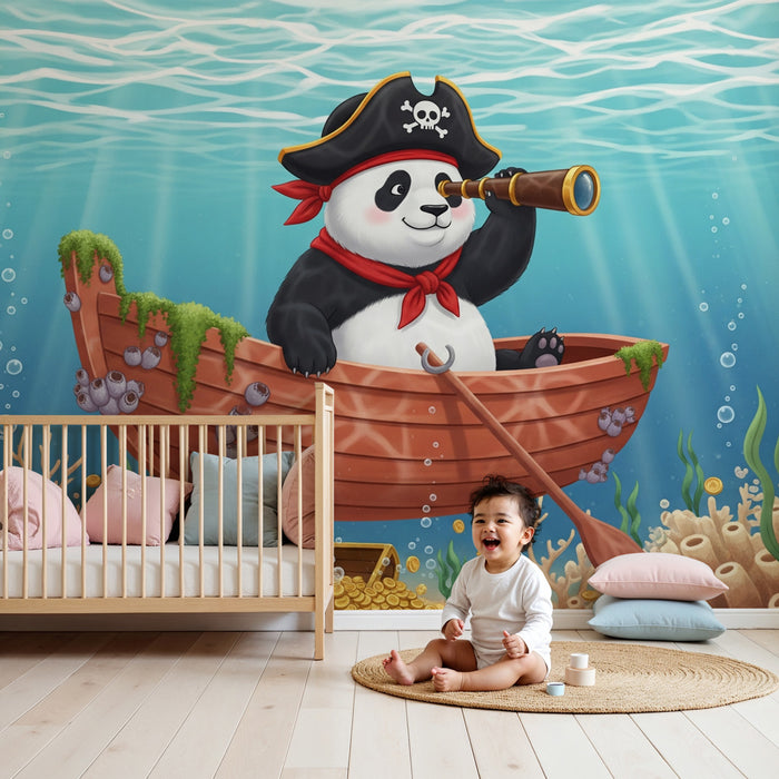 Kinderzimmer Tapete | Panda-Pirat auf der Suche nach Unterwasser-Schätzen