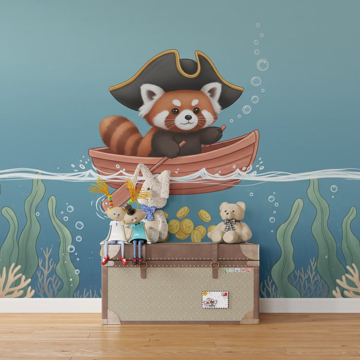 Kids room wallpaper | Red pirate panda on the ocean
