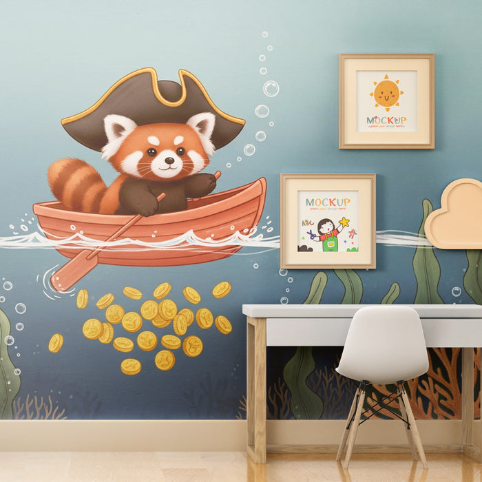 Kids room wallpaper | Red pirate panda on the ocean
