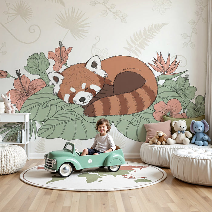 Papier peint chambre enfant | Panda roux endormi parmi les fleurs