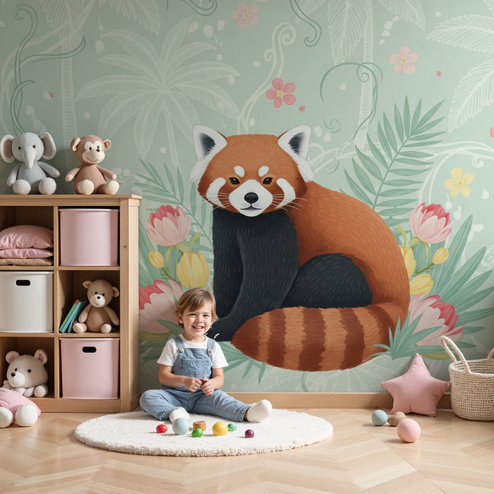 Carta da parati bambini | Panda rosso e giungla floreale