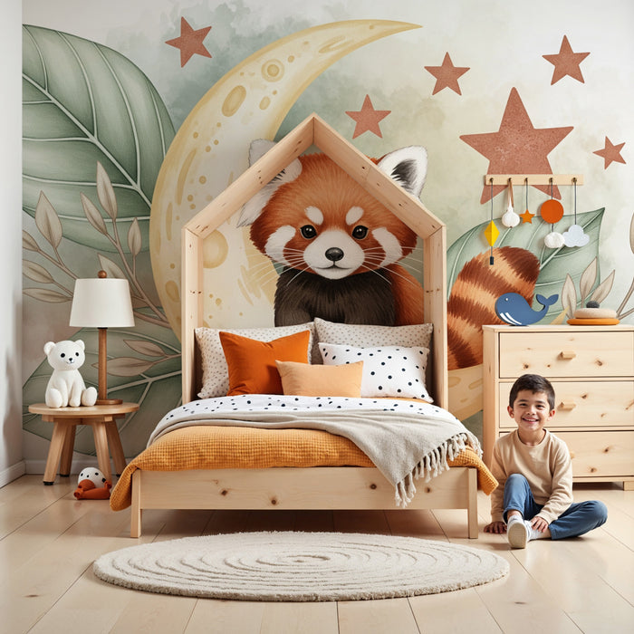 Kinderzimmer Tapete | Roter Panda auf dem Mond