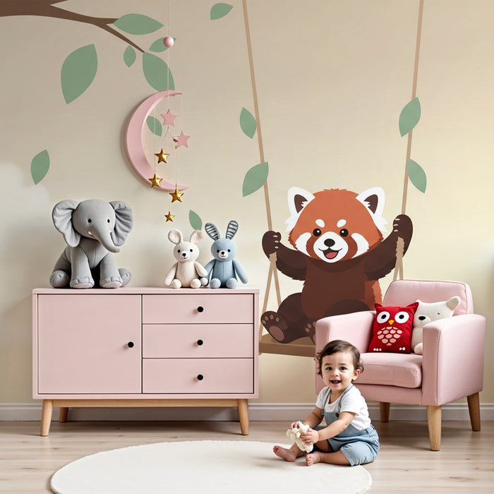 Kinderzimmer Tapete | Roter Panda auf einer Schaukel