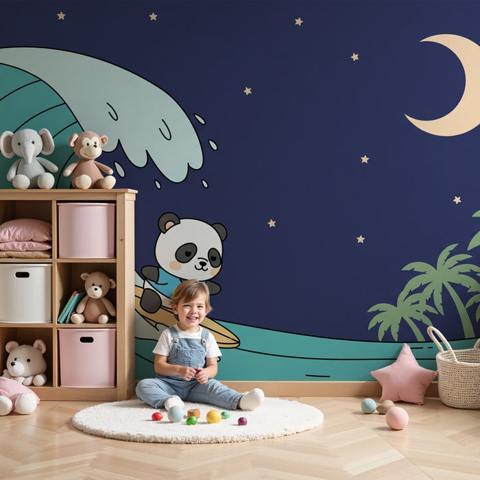 Papier peint chambre enfant | Panda surfeur sous la lune et les étoiles