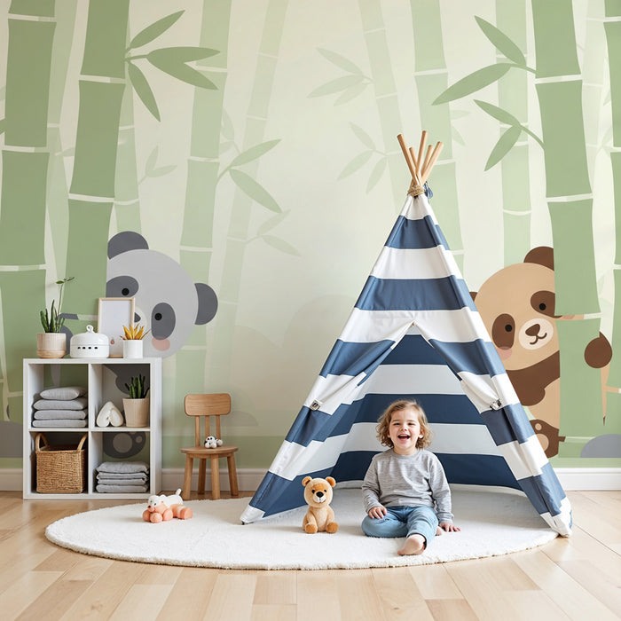 Papier peint chambre enfant | Pandas espiègles au milieu des bambous