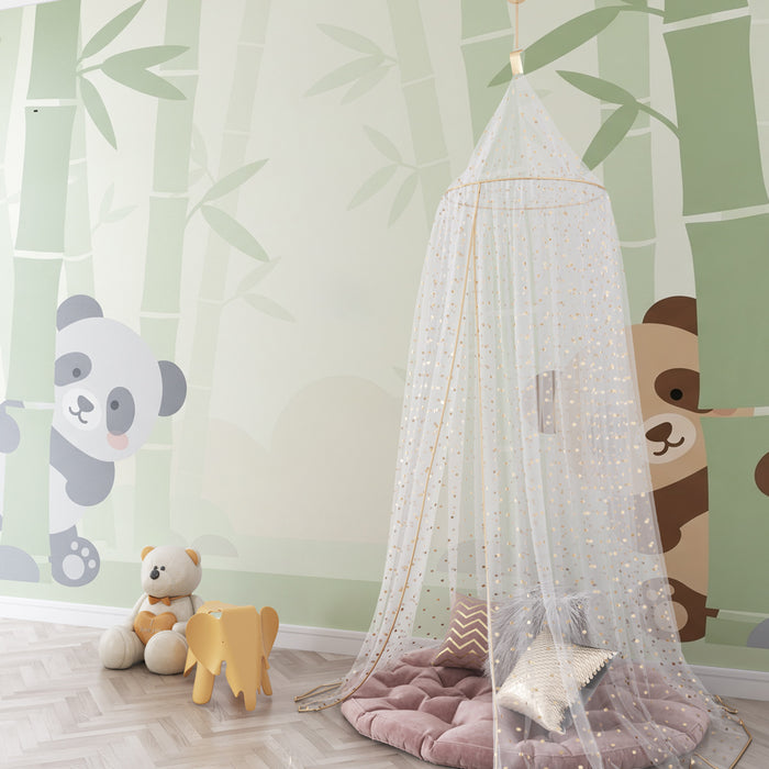 Carta da parati bambini | Panda birichini in mezzo ai bambù