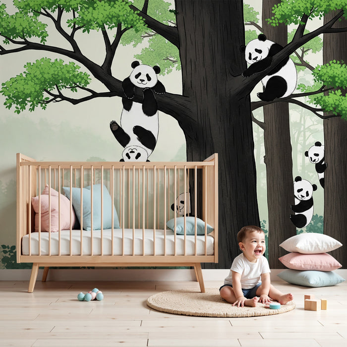 Kinderkamer behang | Speelse panda's in het bos