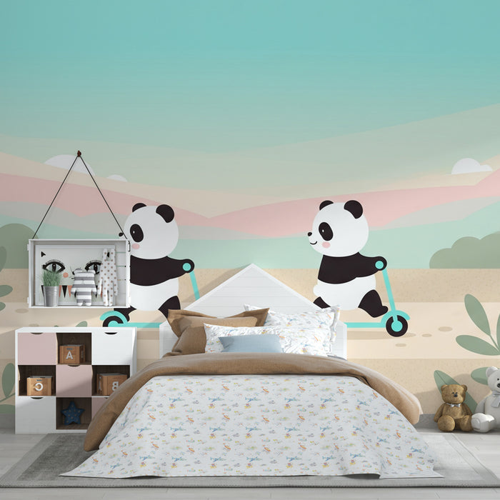 Kinderzimmer Tapete | Spielende Pandas auf ihren Tretrollern