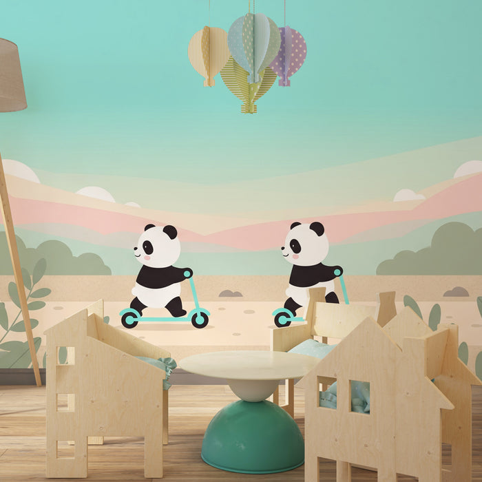 Kinderzimmer Tapete | Spielende Pandas auf ihren Tretrollern