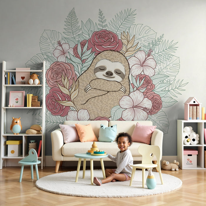 Papier peint chambre enfant | Paresseux adorable au milieu des fleurs
