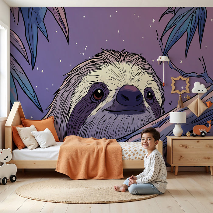 Papier peint chambre enfant | Paresseux dans la jungle étoilée
