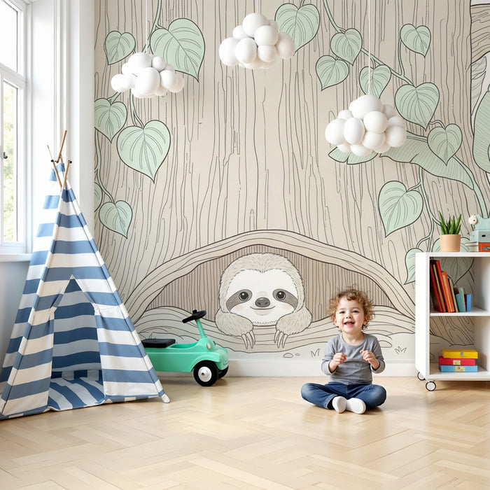 Papier peint chambre enfant | Paresseux dans un arbre au coeur de la nature