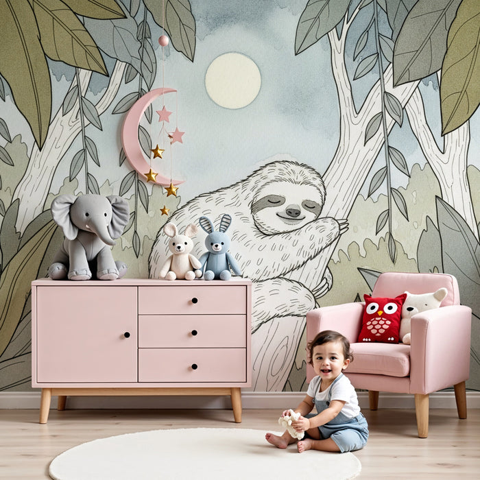 Kids room wallpaper | Sleepy sloth in the jungle