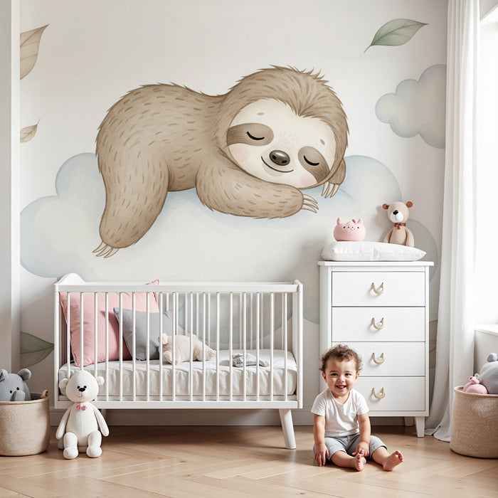 Papier peint chambre enfant | Paresseux endormi sur un nuage