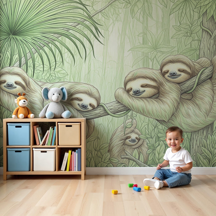 Kinderkamer behang | Slapende luiaards in de jungle