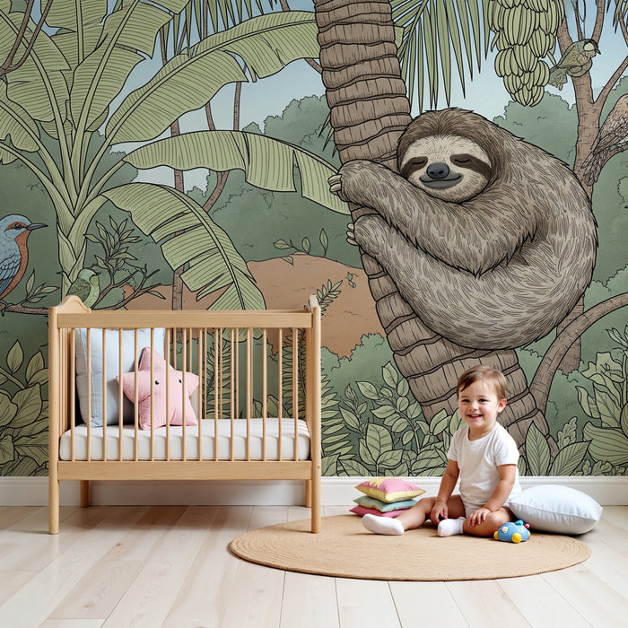 Papier peint chambre enfant | Paresseux et jungle tropicale