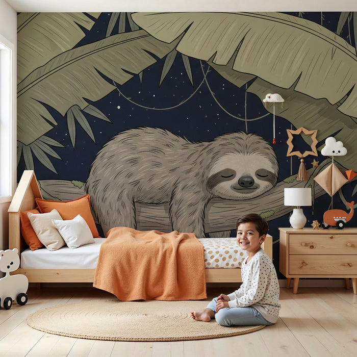 Papier peint chambre enfant | Paresseux fatigué et endormi sous les étoiles