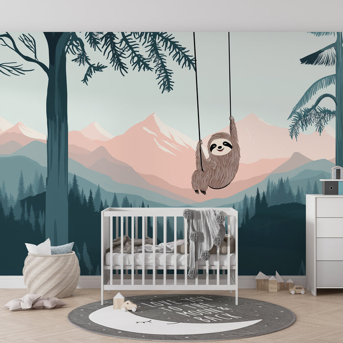 Kinderkamer behang | Vrolijke luiaards in het bos
