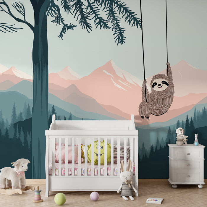 Kinderkamer behang | Vrolijke luiaards in het bos